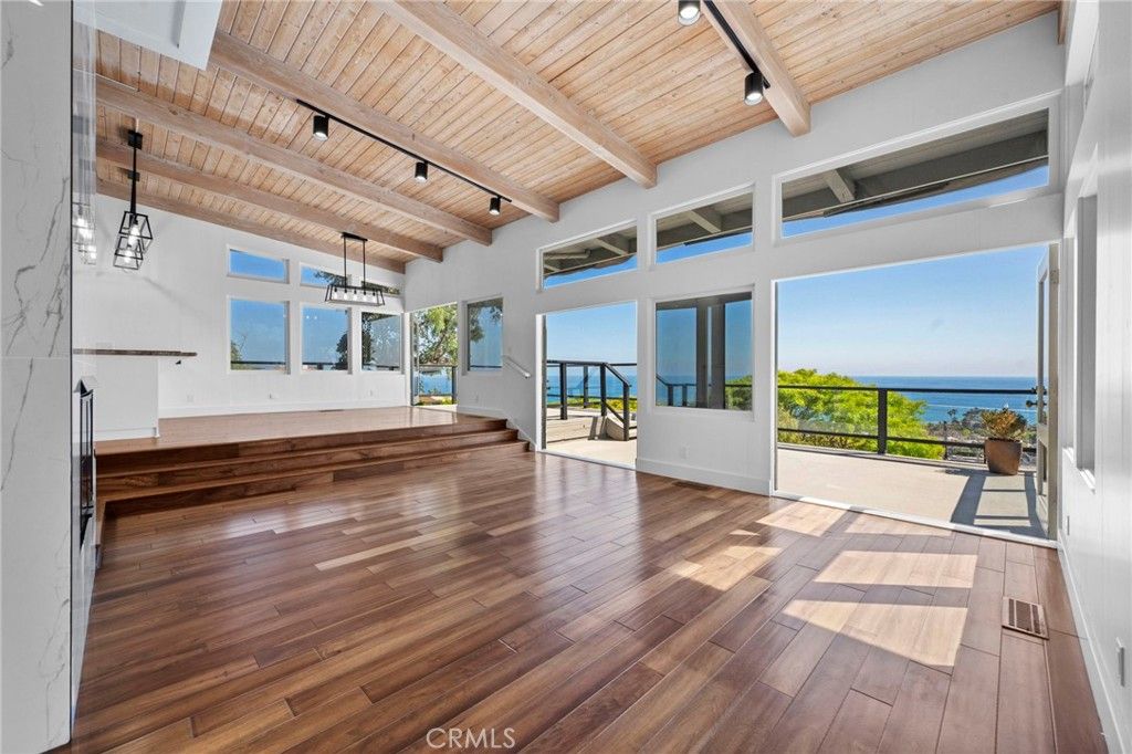 Empty room, Interior, Pendant Lights, Water, Wooden Beams, Wooden Ceilings, Wood Texture Flooring