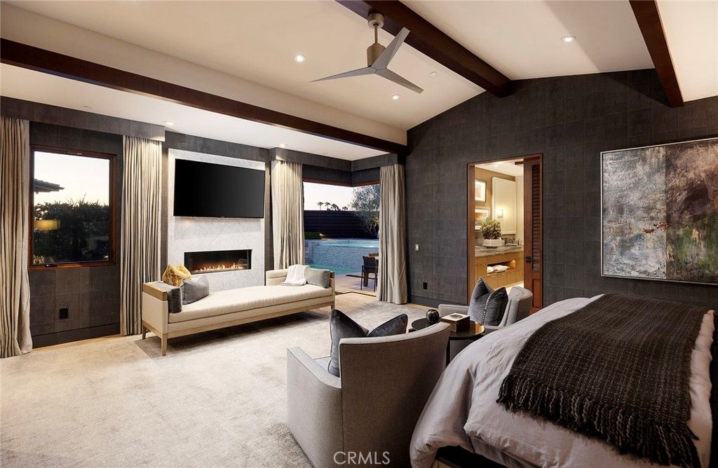 Bedroom, Fireplace, Interior, Living room, Recessed Lighting, Wooden Beams