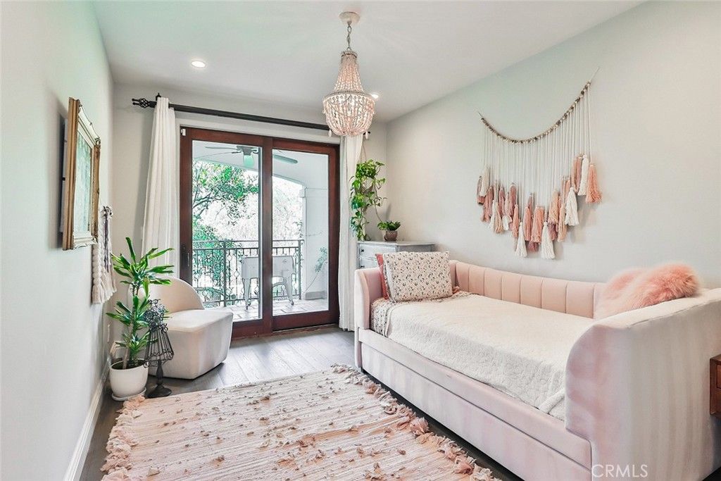 Bedroom, Chandelier, Interior, Recessed Lighting, Wood Texture Flooring