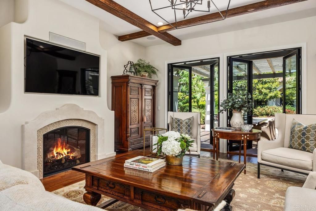 Fireplace, Interior, Living room, Recessed Lighting, Wooden Beams, Wood Texture Flooring