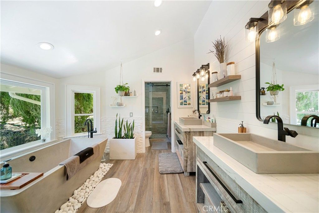 Bathroom, Dual Sink Vanities, Interior, Recessed Lighting, Wood Texture Flooring