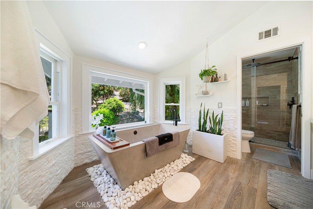 Bathroom, Glass Shower, Interior, Recessed Lighting, Wood Texture Flooring