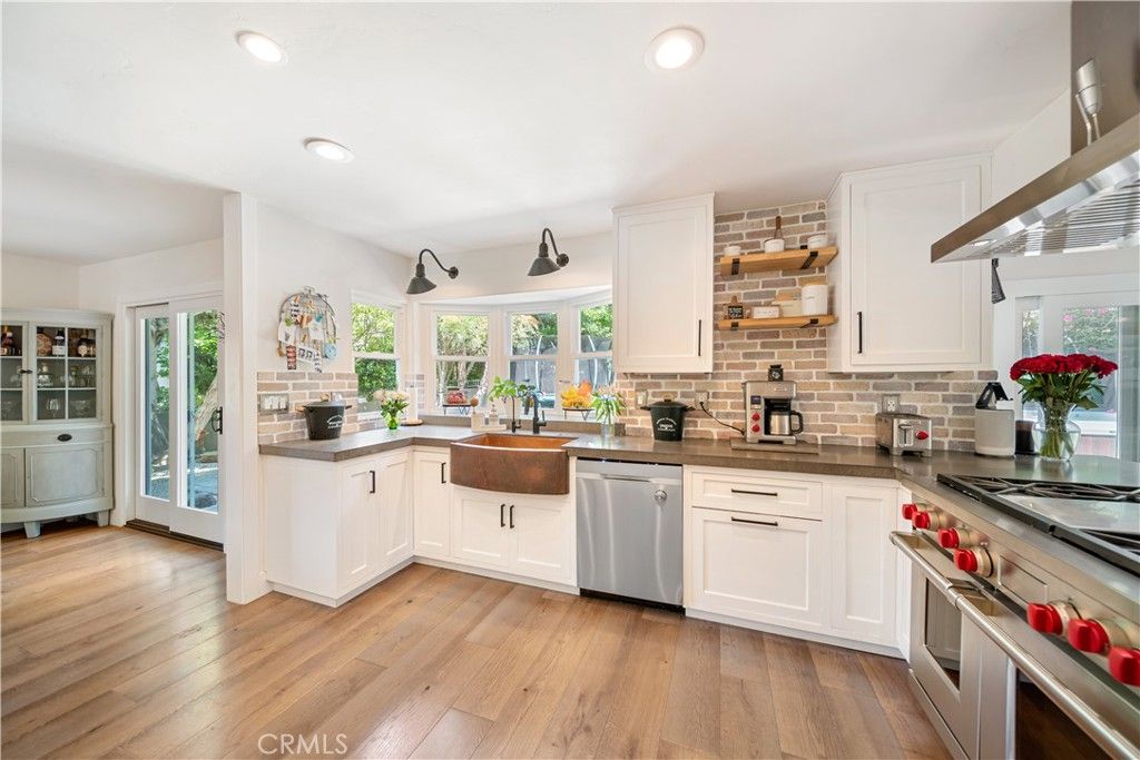 Interior, Kitchen, Recessed Lighting, Stainless Steel Appliances, Stone Walls, Wood Texture Flooring