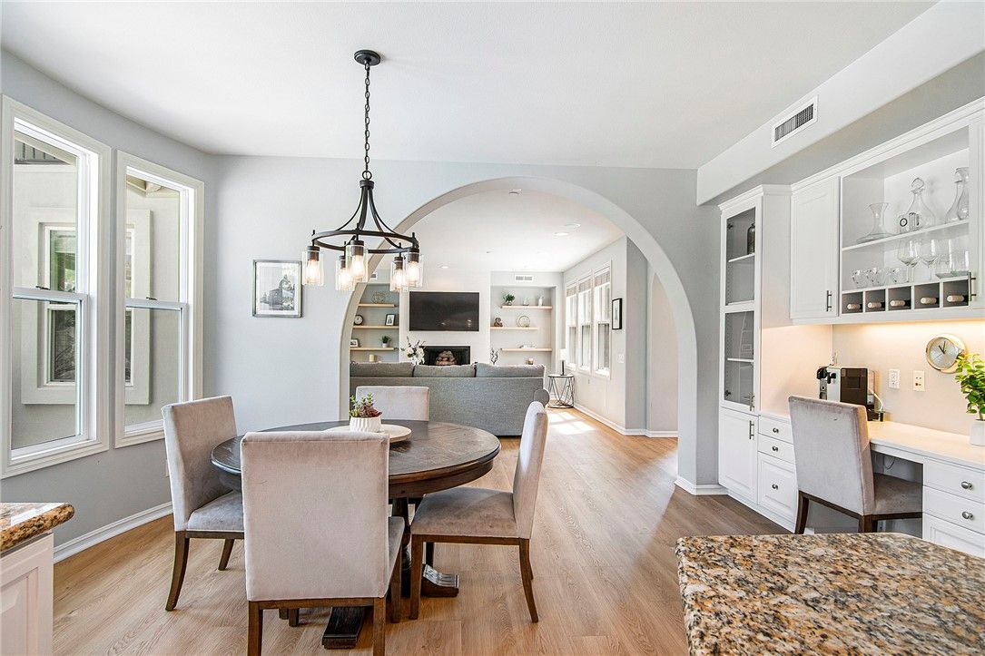 Dining room, Interior, Pendant Lights, Recessed Lighting, Wood Texture Flooring