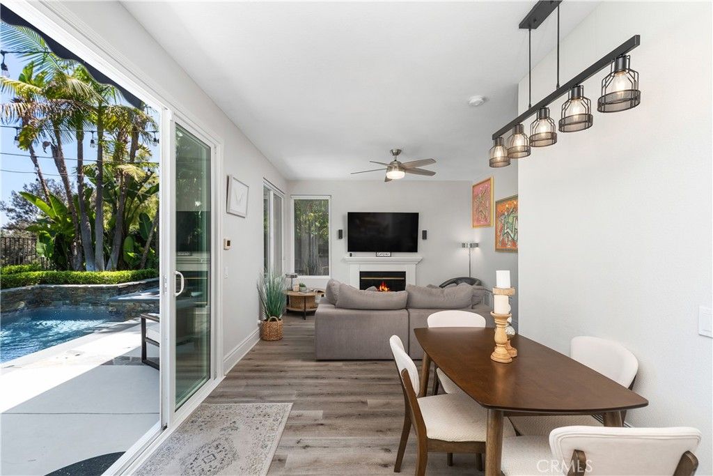 Dining room, Fireplace, Interior, Living room, Pendant Lights, Wood Texture Flooring