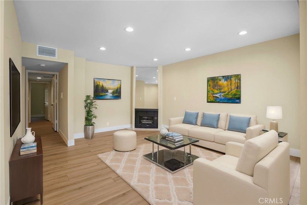 Fireplace, Interior, Living room, Recessed Lighting, Wood Texture Flooring