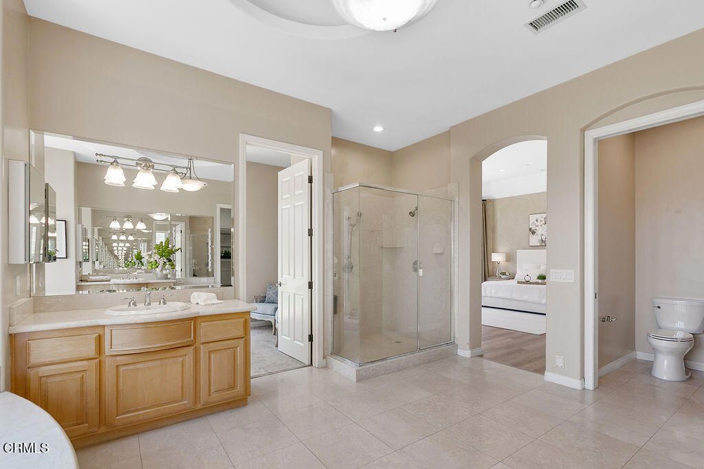 Bathroom, Glass Shower, Interior, Recessed Lighting, Wood Texture Flooring