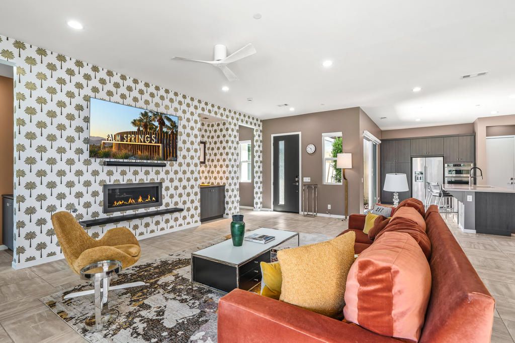Fireplace, Interior, Kitchen, Living room, Recessed Lighting, Stainless Steel Appliances