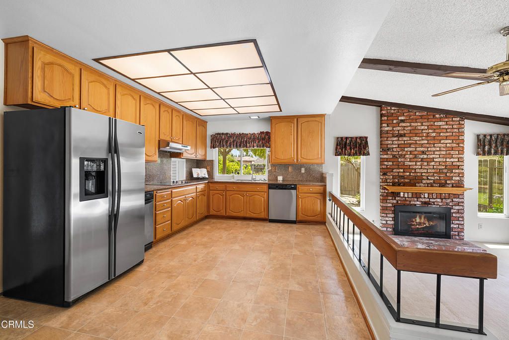 Fireplace, Interior, Kitchen, Stainless Steel Appliances, Stone Walls