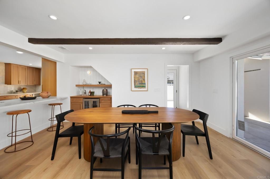 Dining room, Interior, Kitchen, Recessed Lighting, Wooden Beams, Wood Texture Flooring