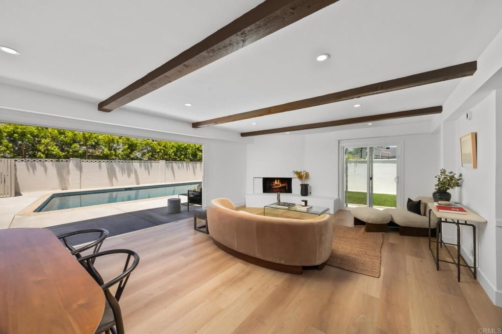 Fireplace, Interior, Living room, Recessed Lighting, Wooden Beams, Wood Texture Flooring