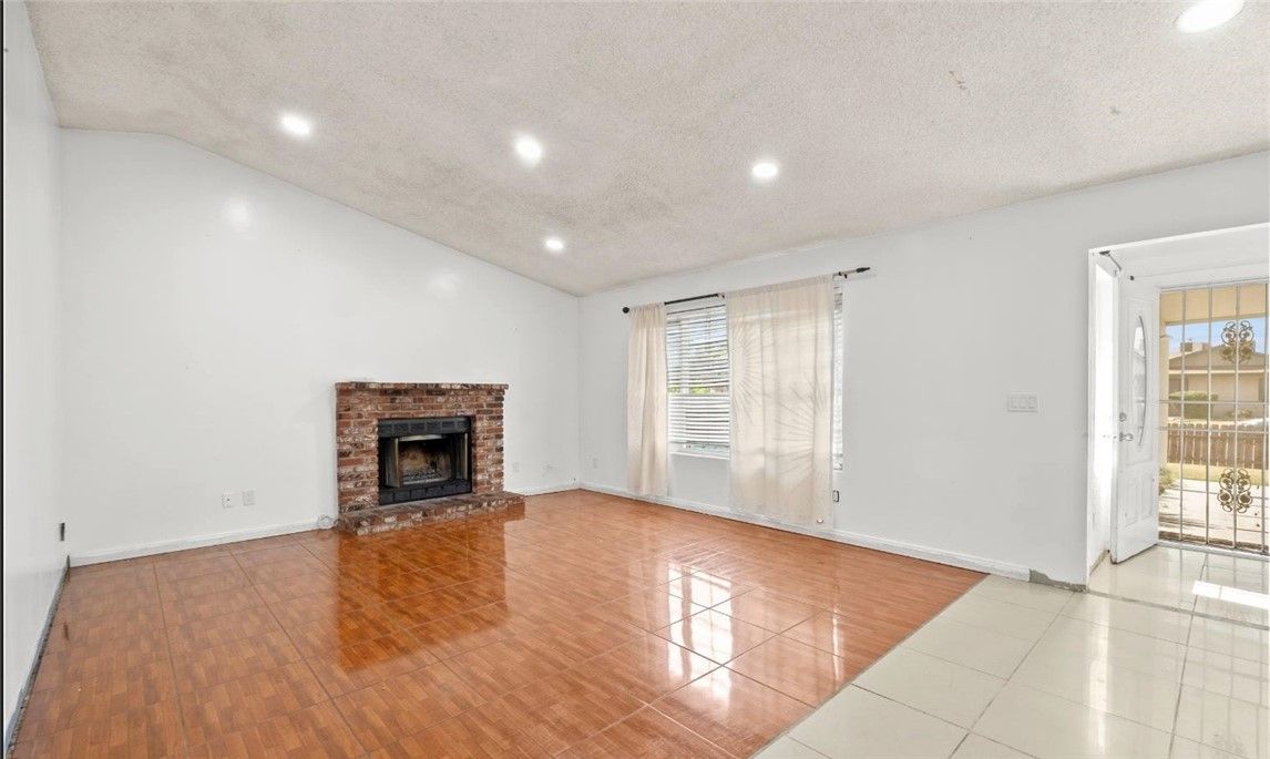Empty room, Fireplace, Interior, Recessed Lighting, Wood Texture Flooring