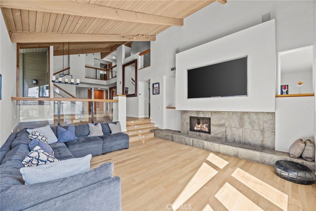 Fireplace, Interior, Living room, Pendant Lights, Wooden Beams, Wooden Ceilings, Wood Texture Flooring