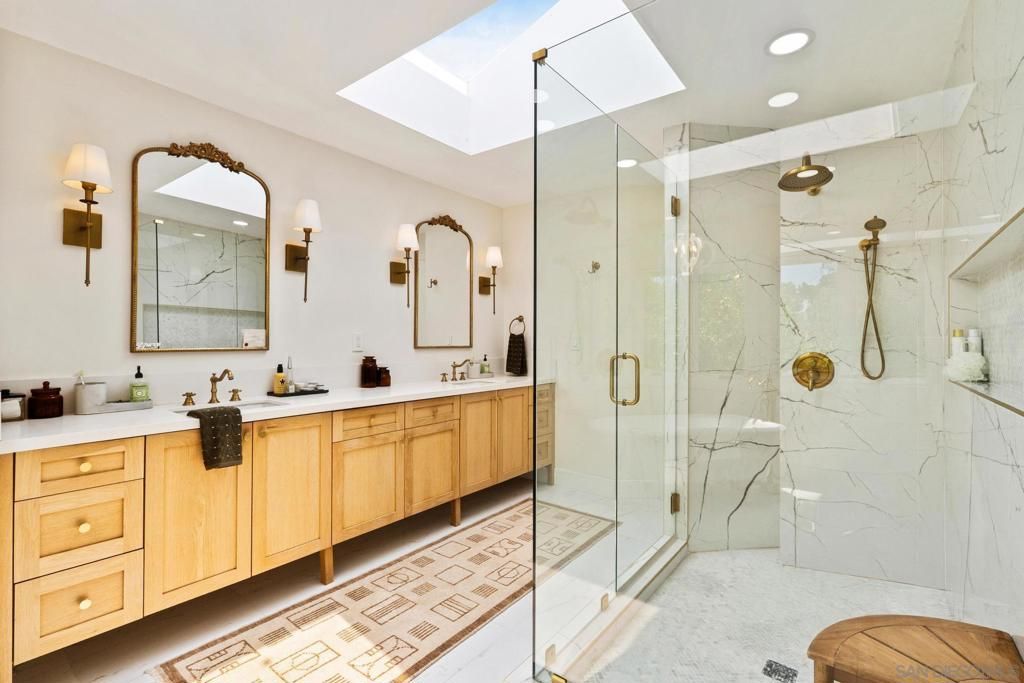Bathroom, Dual Sink Vanities, Glass Shower, Interior, Marble Walls, Recessed Lighting