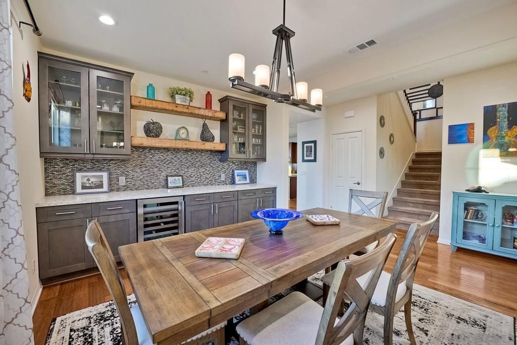 Dining room, Interior, Pendant Lights, Recessed Lighting, Wood Texture Flooring