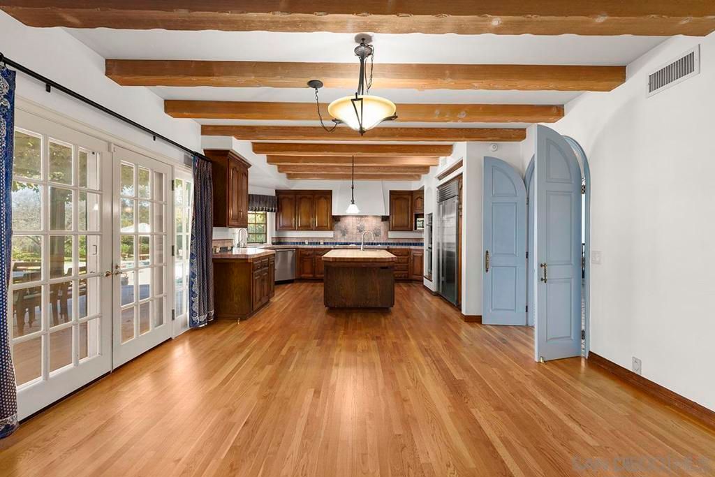 Interior, Kitchen, Pendant Lights, Stainless Steel Appliances, Wooden Beams, Wood Texture Flooring