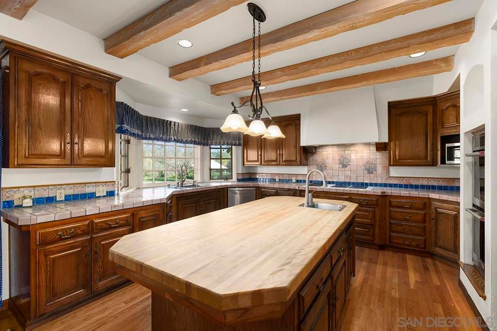 Interior, Kitchen, Pendant Lights, Recessed Lighting, Tile Countertops, Wooden Beams, Wood Texture Flooring