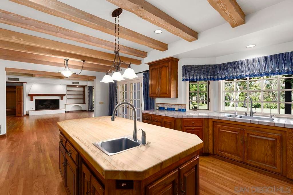 Interior, Kitchen, Pendant Lights, Recessed Lighting, Tile Countertops, Wooden Beams, Wood Texture Flooring