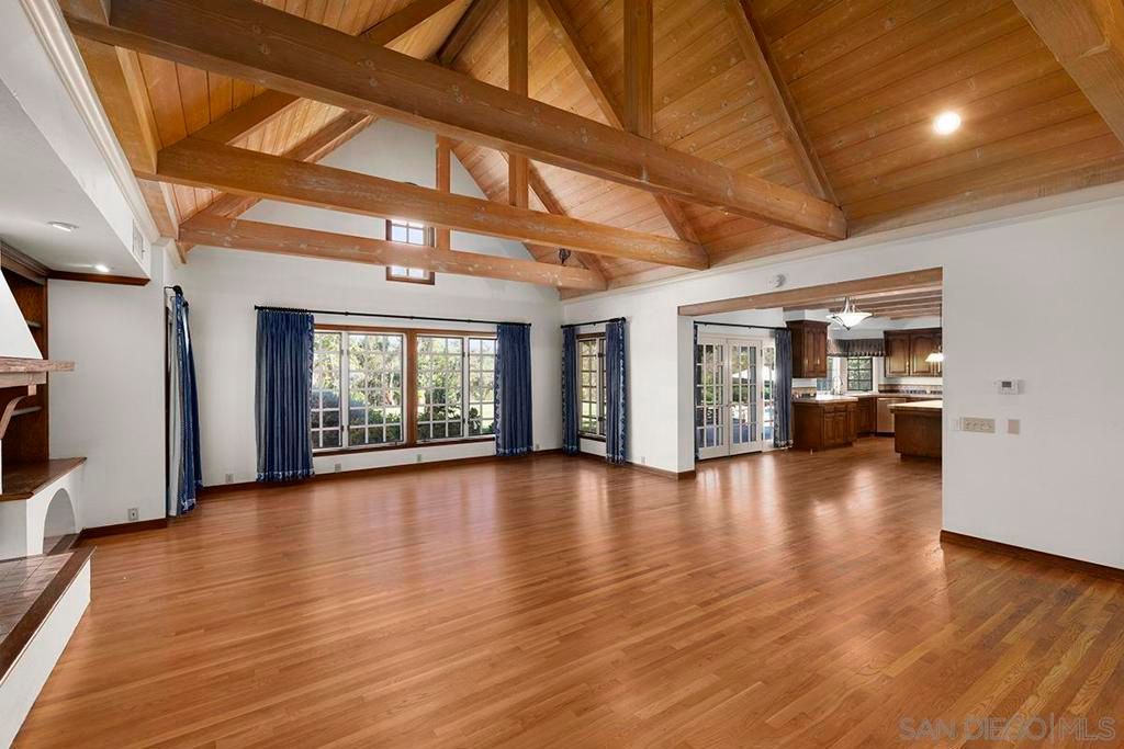 Empty room, Interior, Kitchen, Recessed Lighting, Stainless Steel Appliances, Wooden Beams, Wooden Ceilings, Wood Texture Flooring
