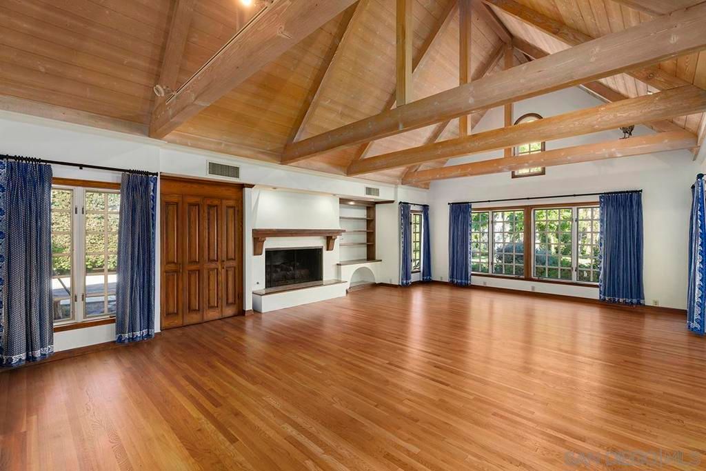 Empty room, Fireplace, Interior, Wooden Beams, Wooden Ceilings, Wood Texture Flooring