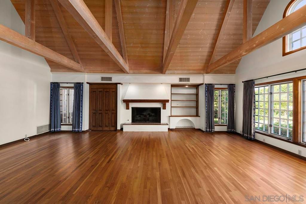 Empty room, Fireplace, Interior, Wooden Beams, Wooden Ceilings, Wood Texture Flooring