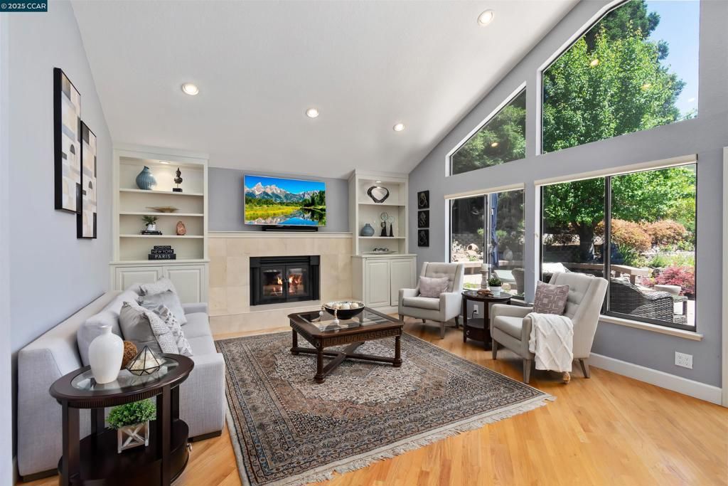 Fireplace, Interior, Living room, Recessed Lighting, Wood Texture Flooring