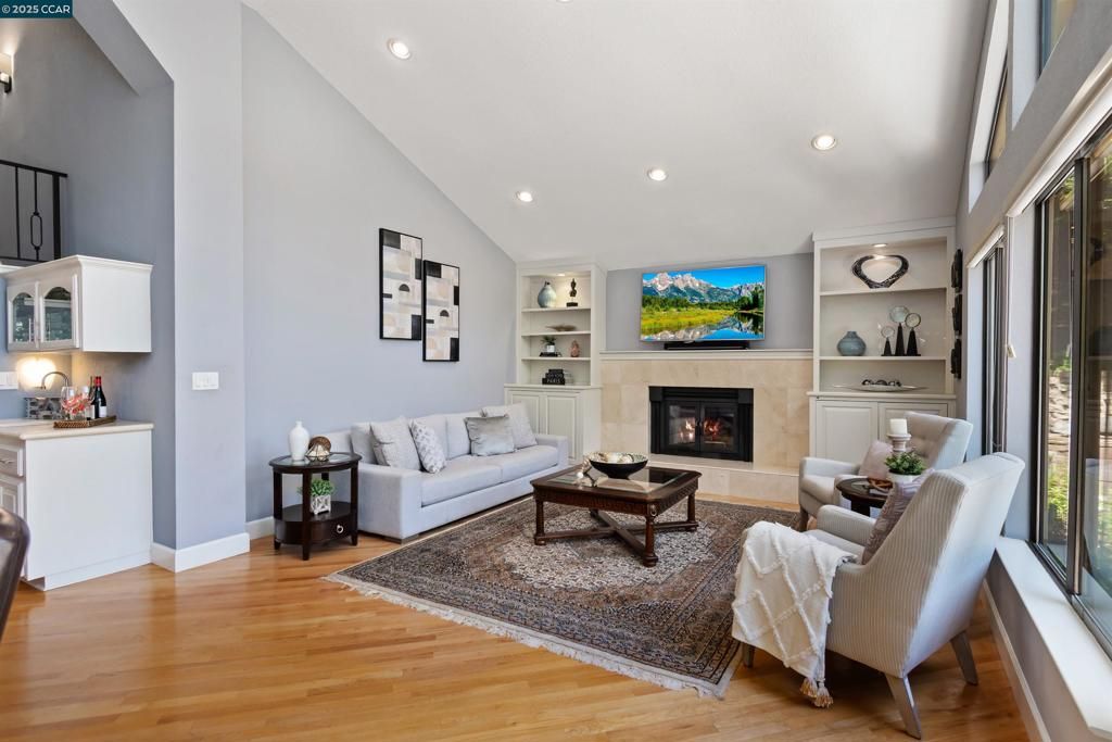 Fireplace, Interior, Living room, Recessed Lighting, Wood Texture Flooring