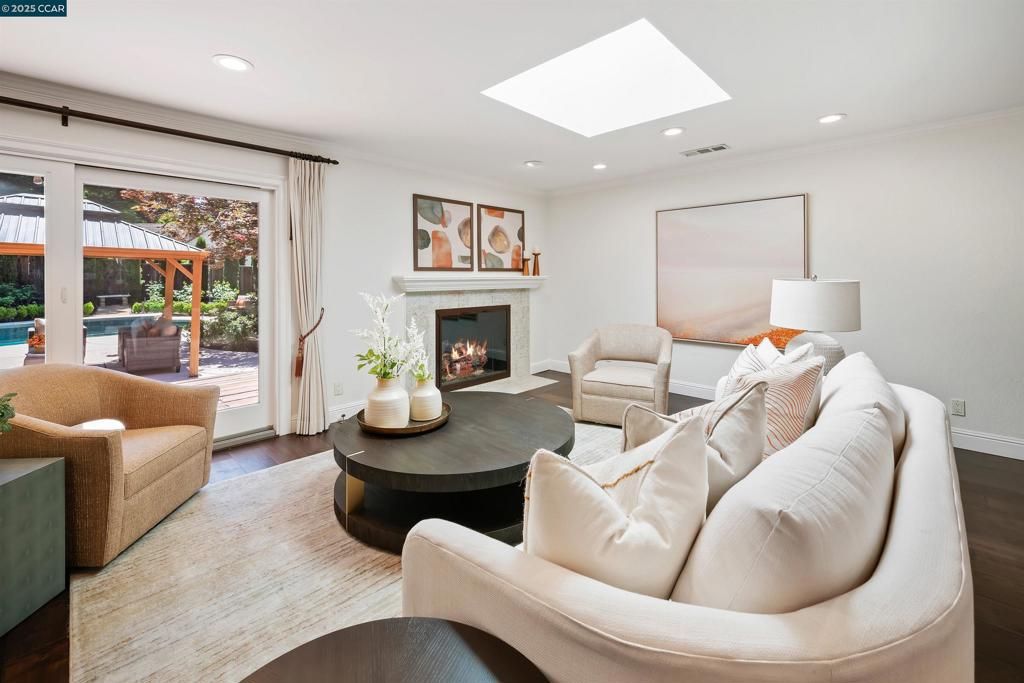 Fireplace, Interior, Living room, Recessed Lighting, Wood Texture Flooring