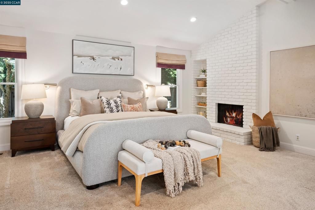 Bedroom, Fireplace, Interior, Recessed Lighting, Stone Walls