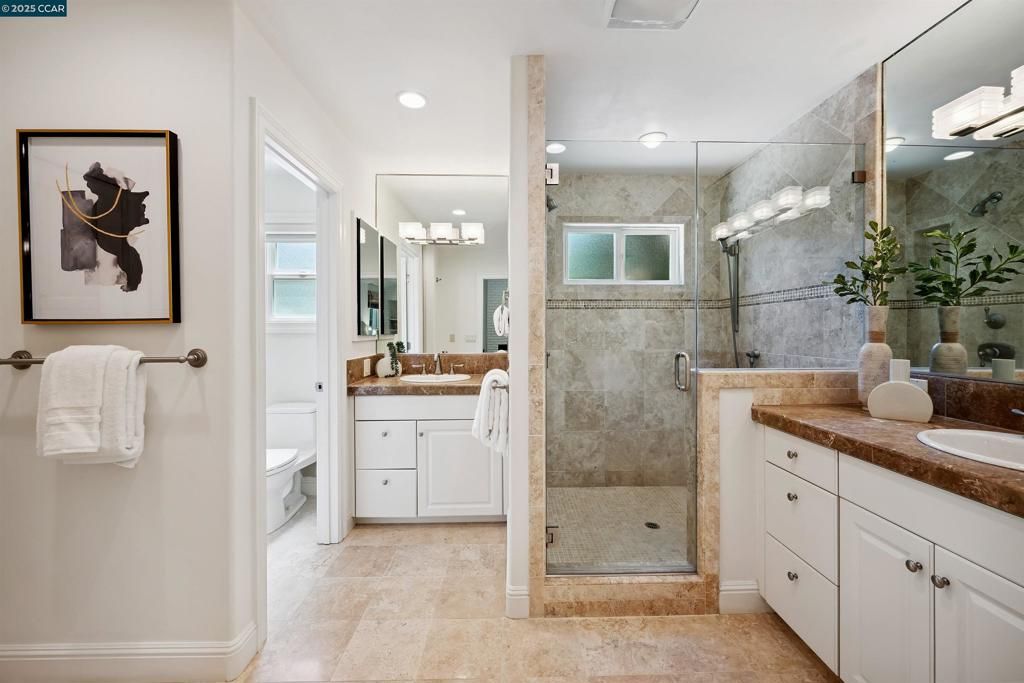 Bathroom, Dual Sink Vanities, Glass Shower, Interior, Recessed Lighting