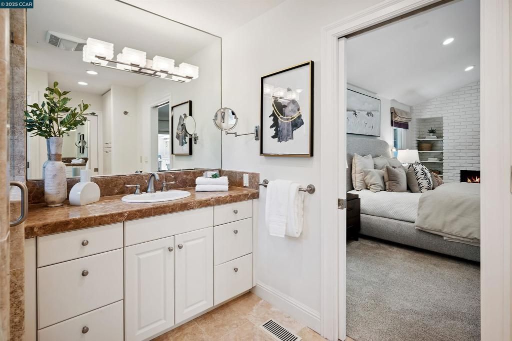 Bathroom, Bedroom, Dual Sink Vanities, Fireplace, Interior, Recessed Lighting