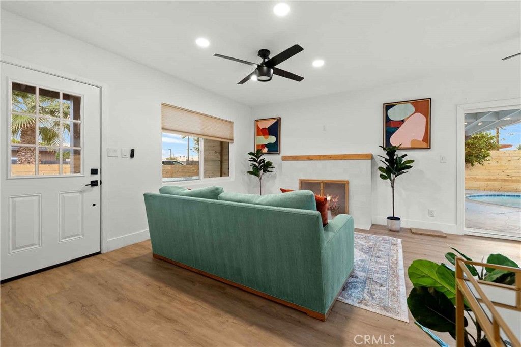 Fireplace, Interior, Living room, Recessed Lighting, Wood Texture Flooring