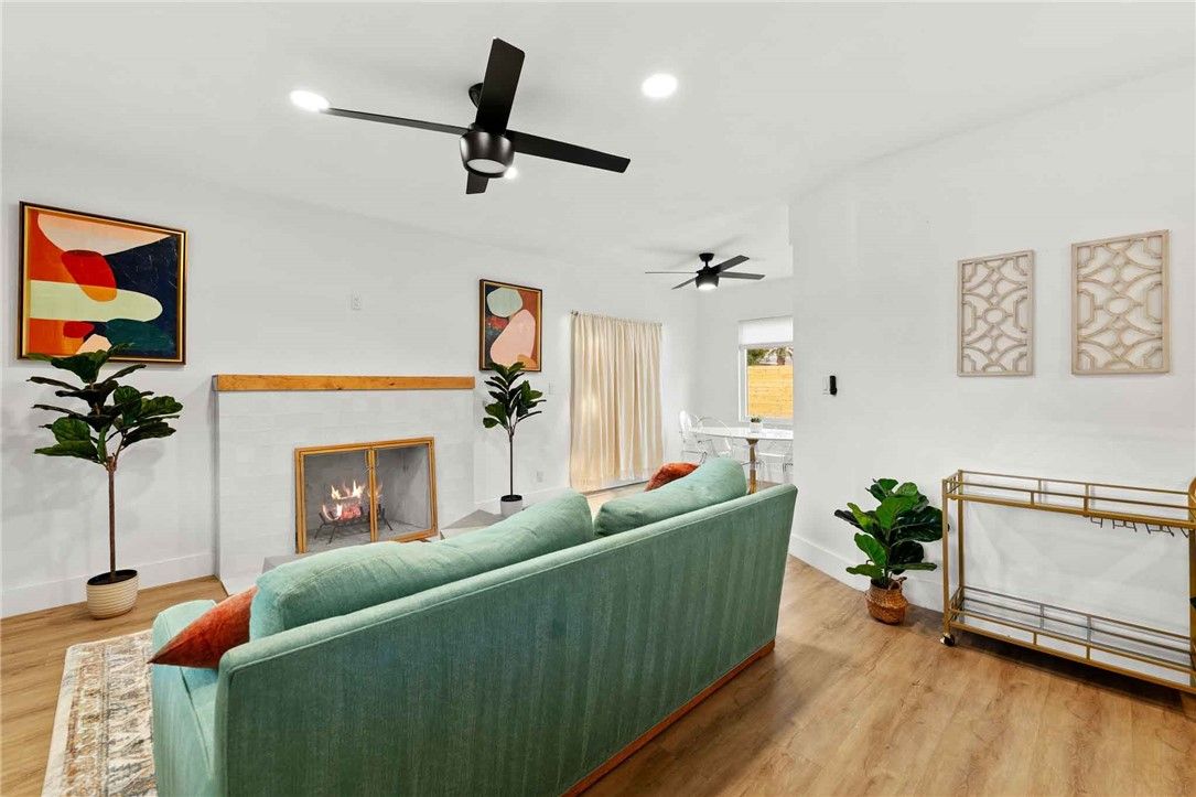 Fireplace, Interior, Living room, Recessed Lighting, Wood Texture Flooring