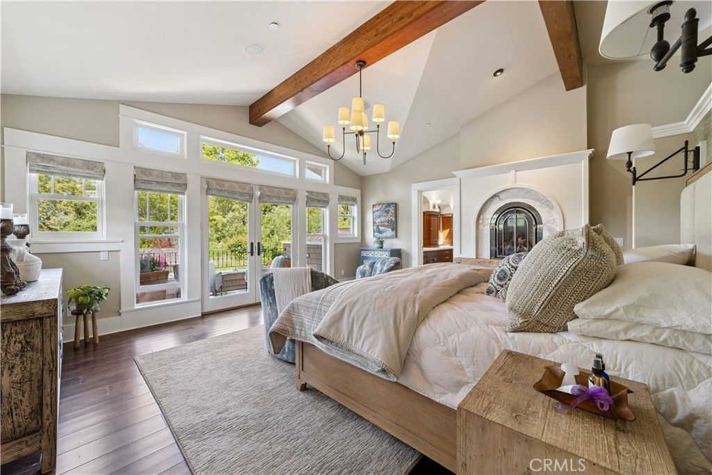 Bedroom, Chandelier, Fireplace, Interior, Recessed Lighting, Wooden Beams, Wood Texture Flooring