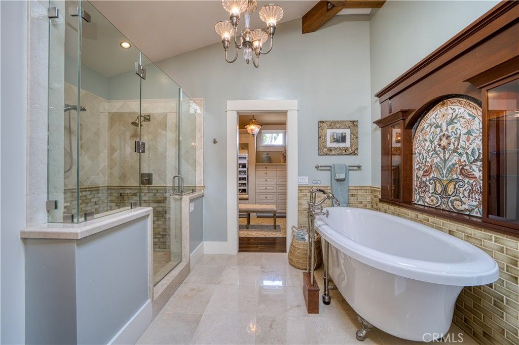 Bathroom, Chandelier, Free Standing Baths, Glass Shower, Interior, Recessed Lighting, Wooden Beams