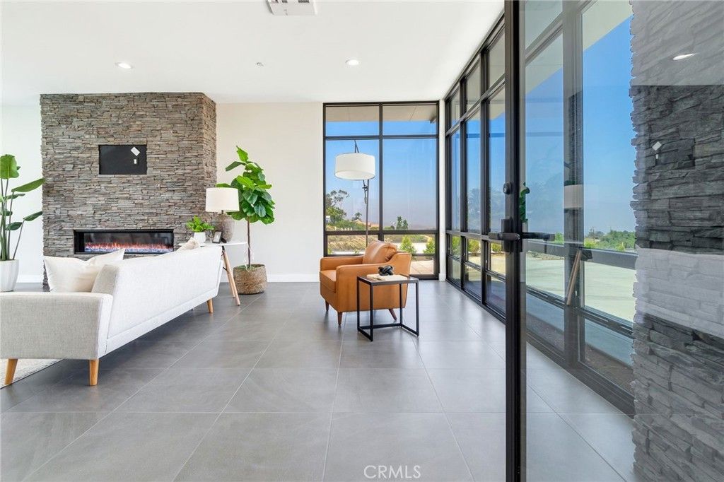Fireplace, Interior, Living room, Recessed Lighting, Stone Walls