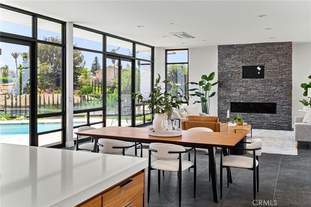 Dining room, Fireplace, Interior, Recessed Lighting, Stone Walls