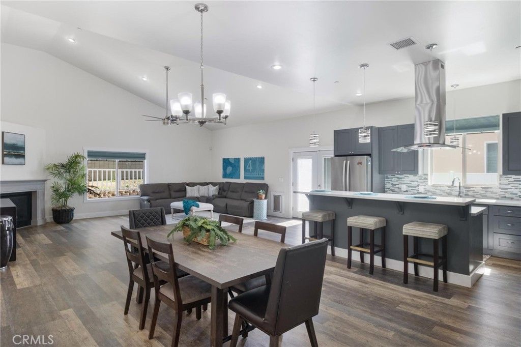 Dining room, Fireplace, Interior, Kitchen, Living room, Pendant Lights, Recessed Lighting, Wood Texture Flooring