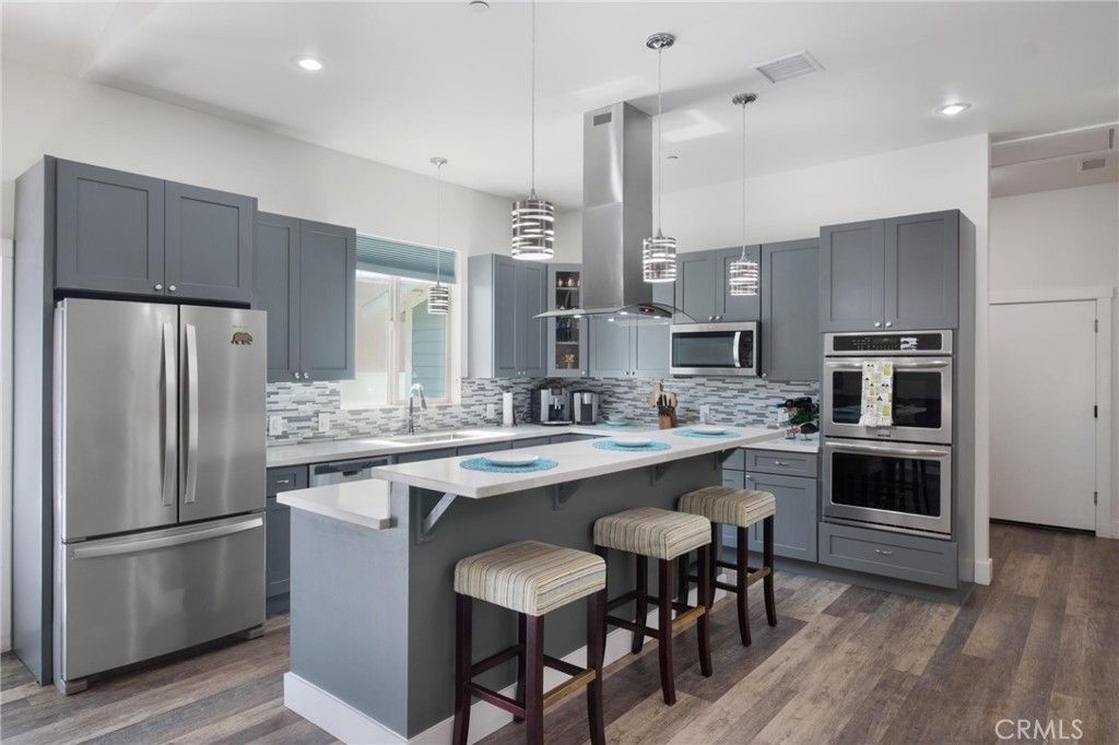 Interior, Kitchen, Pendant Lights, Recessed Lighting, Stainless Steel Appliances, Wood Texture Flooring