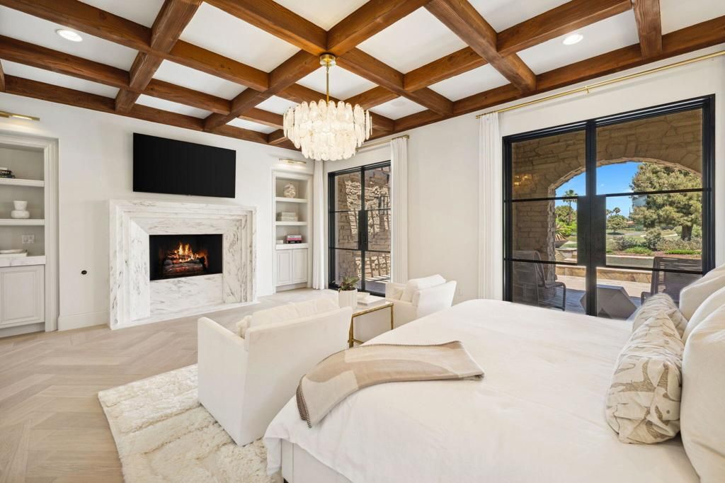 Bedroom, Chandelier, Fireplace, Interior, Recessed Lighting, Wooden Beams, Wood Texture Flooring