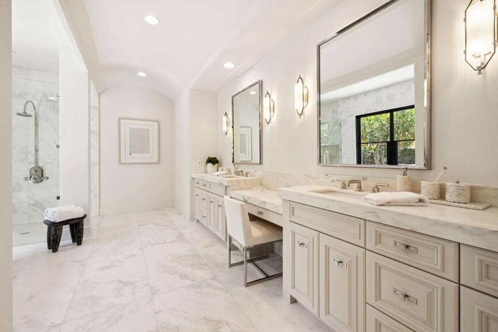 Bathroom, Dual Sink Vanities, Glass Shower, Interior, Marble, Marble Walls, Recessed Lighting