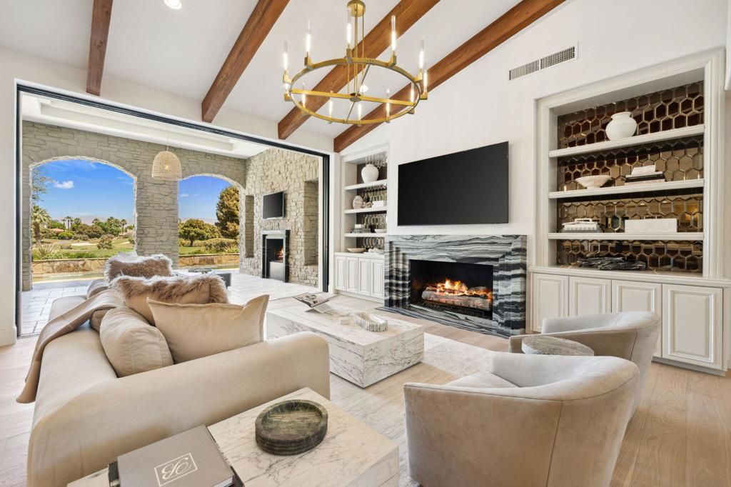 Fireplace, Interior, Living room, Pendant Lights, Recessed Lighting, Stone Walls, Wooden Beams, Wood Texture Flooring