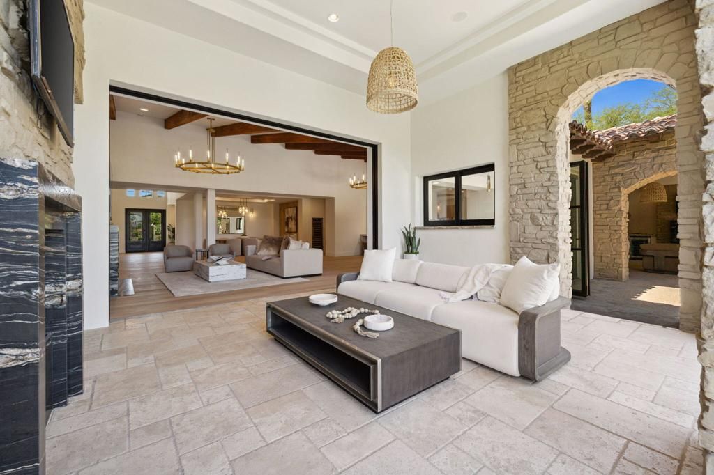 Interior, Living room, Pendant Lights, Recessed Lighting, Stone Walls, Wooden Beams