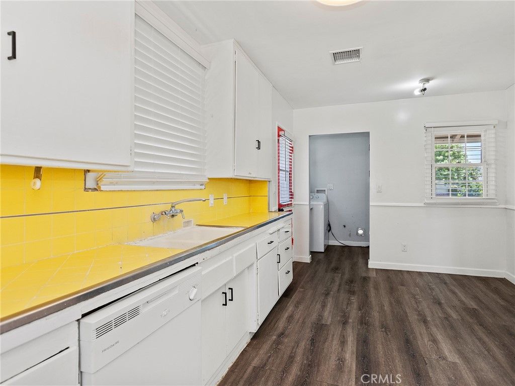 Interior, Kitchen, Tile Countertops, Wood Texture Flooring