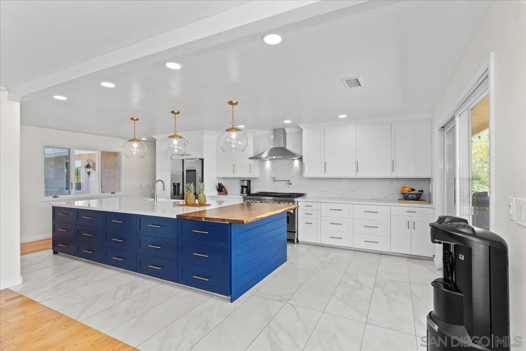 Interior, Kitchen, Marble, Pendant Lights, Recessed Lighting, Stainless Steel Appliances, Wood Texture Flooring