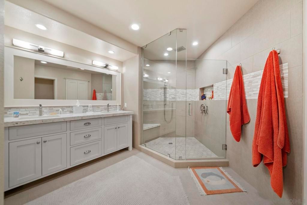 Bathroom, Dual Sink Vanities, Glass Shower, Interior, Recessed Lighting