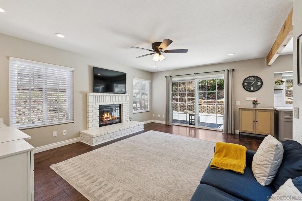 Fireplace, Interior, Recessed Lighting, Wooden Beams, Wood Texture Flooring