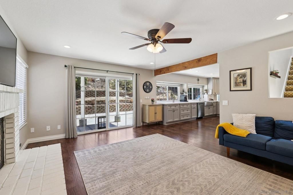 Fireplace, Interior, Kitchen, Recessed Lighting, Wood Texture Flooring