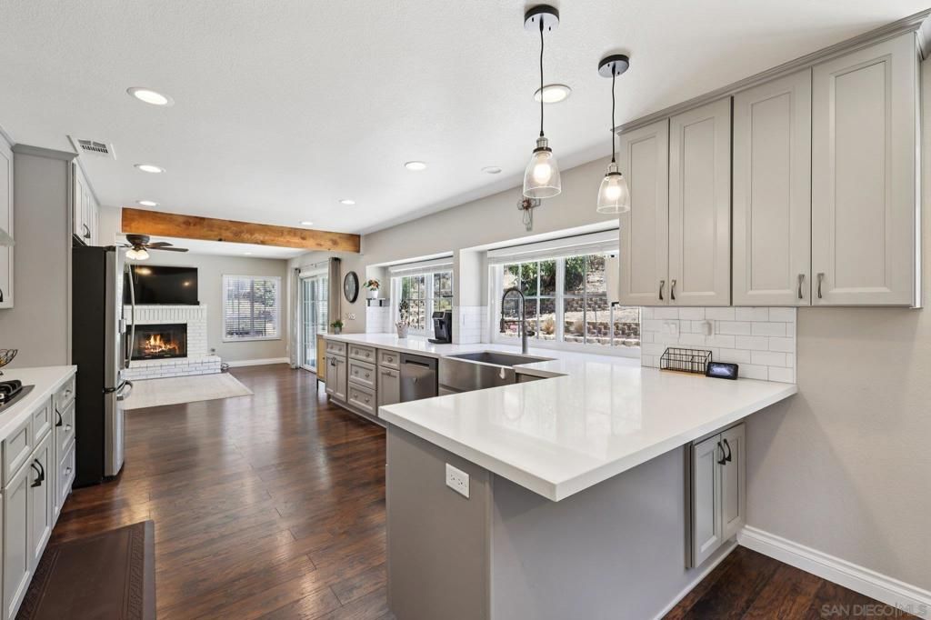 Fireplace, Interior, Kitchen, Pendant Lights, Recessed Lighting, Wooden Beams, Wood Texture Flooring