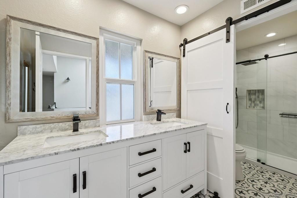 Bathroom, Dual Sink Vanities, Glass Shower, Interior, Recessed Lighting